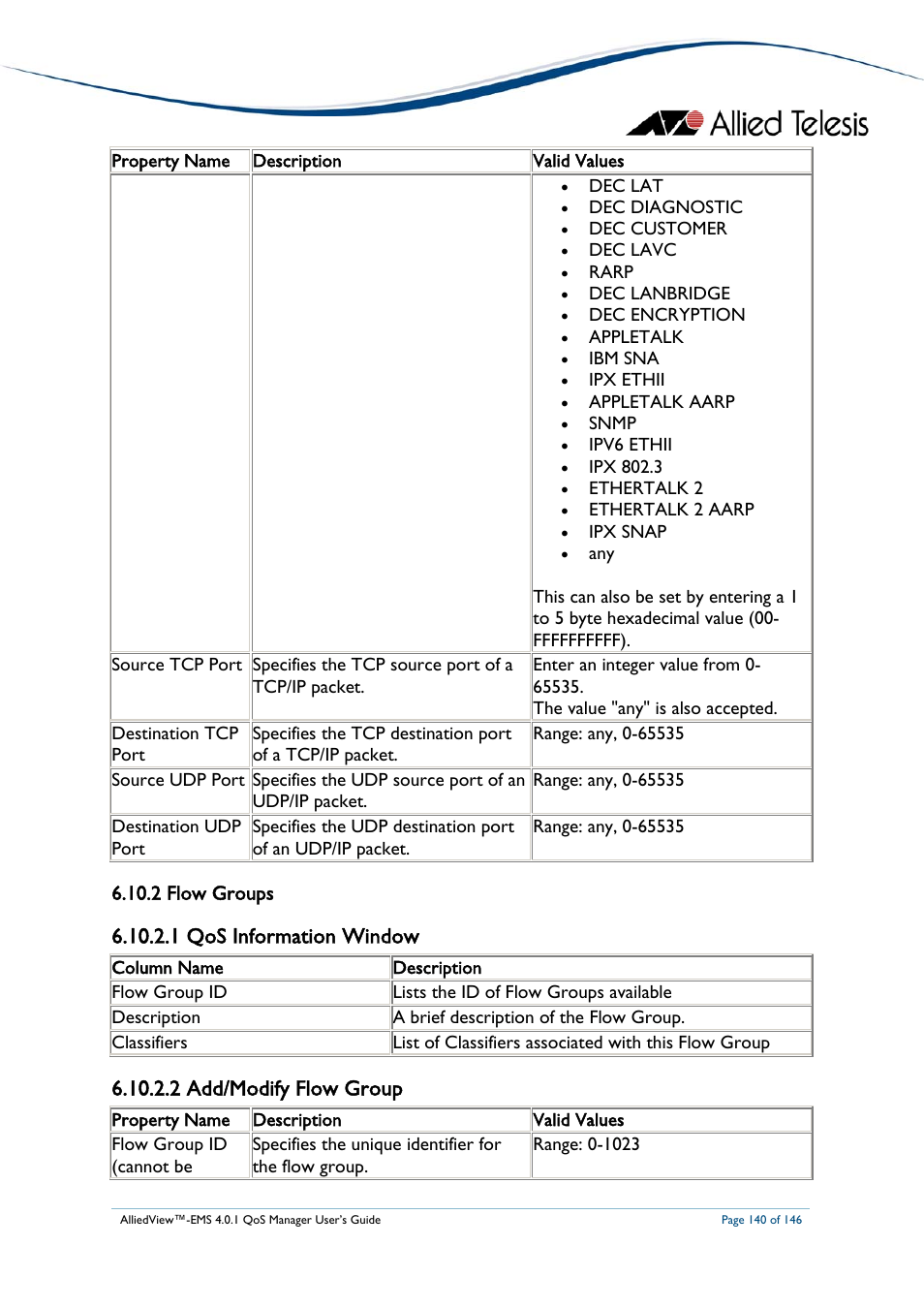 2 flow groups, 1 qos information window, 2 add/modify flow group | Flow groups | Allied Telesis AlliedView-EMS 4.0.1 QoS MANAGER User Manual | Page 140 / 146