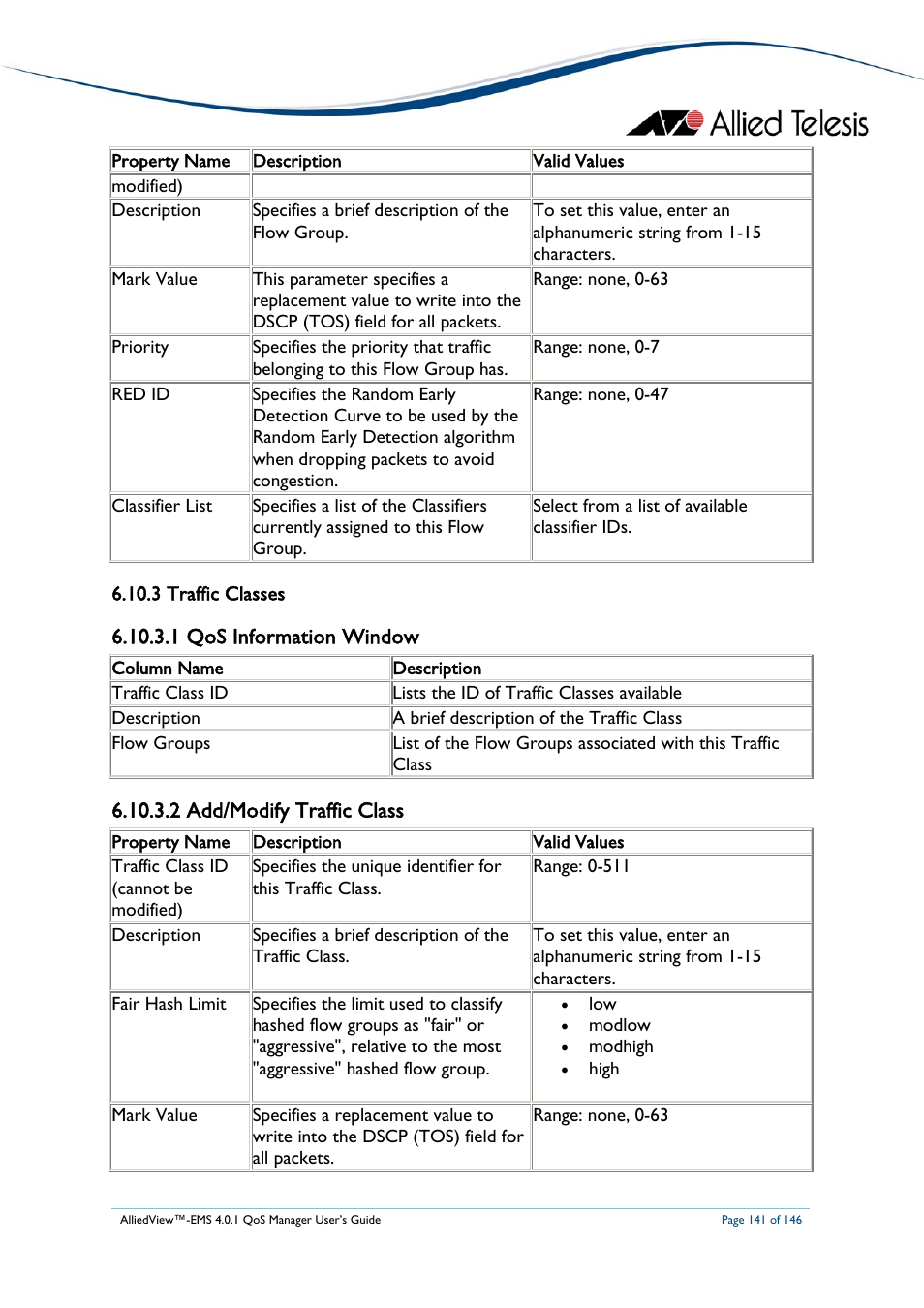 3 traffic classes, 1 qos information window, 2 add/modify traffic class | Traffic classes | Allied Telesis AlliedView-EMS 4.0.1 QoS MANAGER User Manual | Page 141 / 146