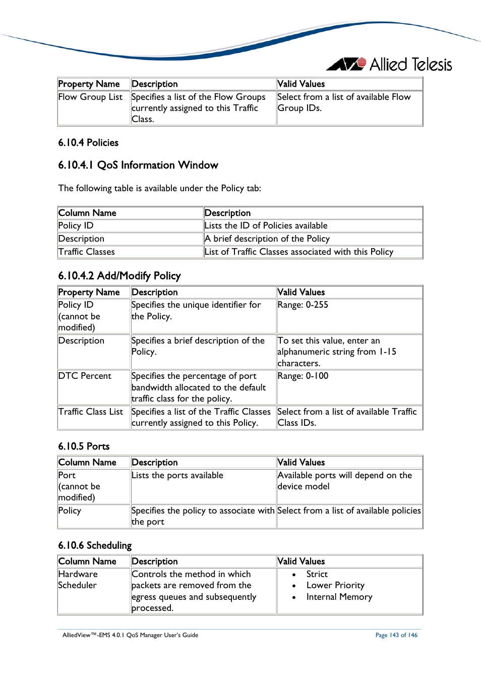 4 policies, 1 qos information window, 2 add/modify policy | 5 ports, 6 scheduling, 4 policies 6.10.5 ports, Policies, Ports, Scheduling | Allied Telesis AlliedView-EMS 4.0.1 QoS MANAGER User Manual | Page 143 / 146