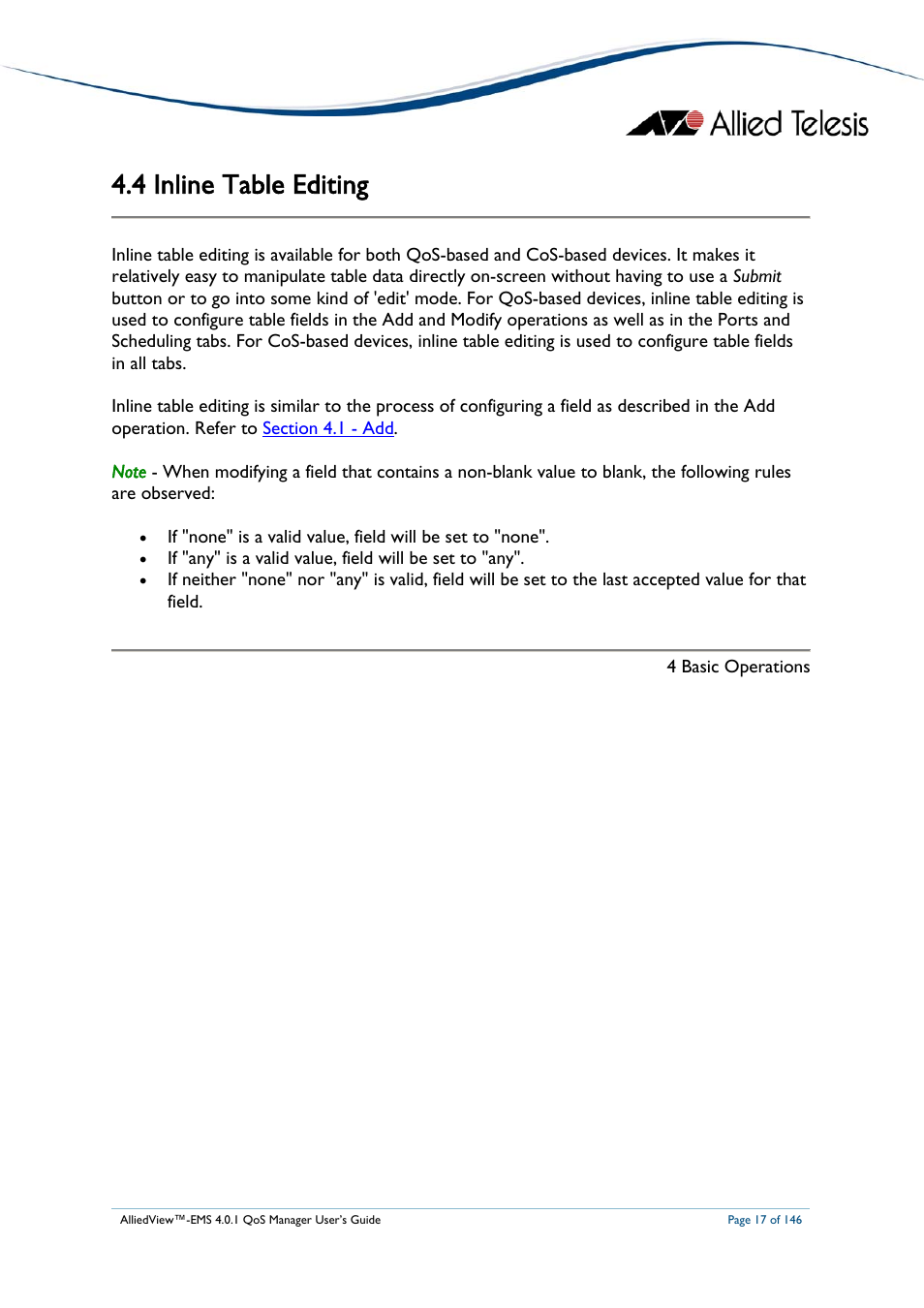 4 inline table editing, Nline, Able | Diting, Inline table editing | Allied Telesis AlliedView-EMS 4.0.1 QoS MANAGER User Manual | Page 17 / 146