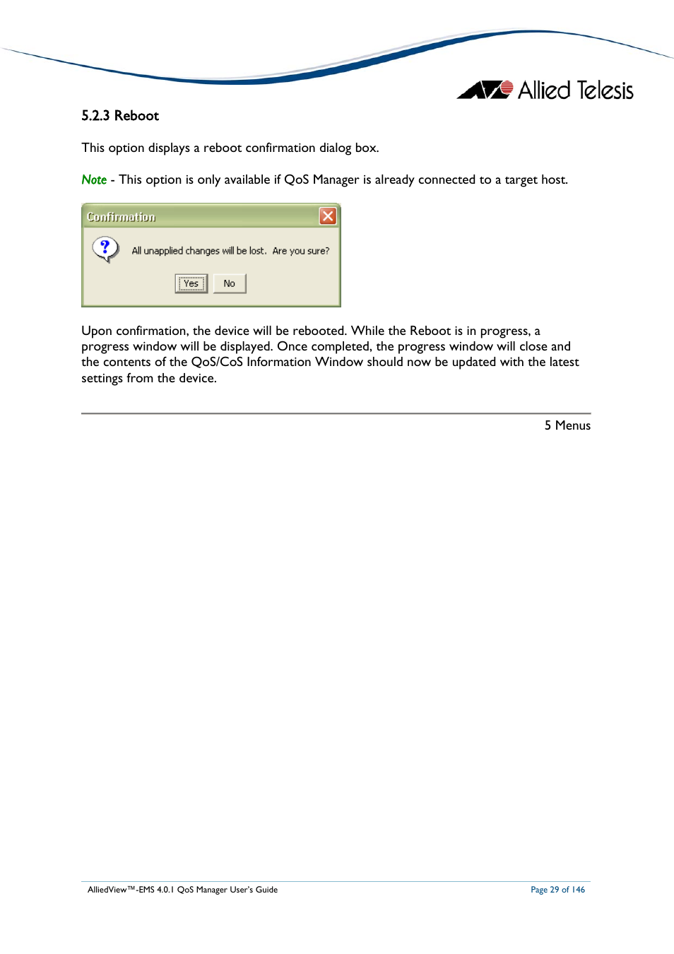 3 reboot, Reboot | Allied Telesis AlliedView-EMS 4.0.1 QoS MANAGER User Manual | Page 29 / 146