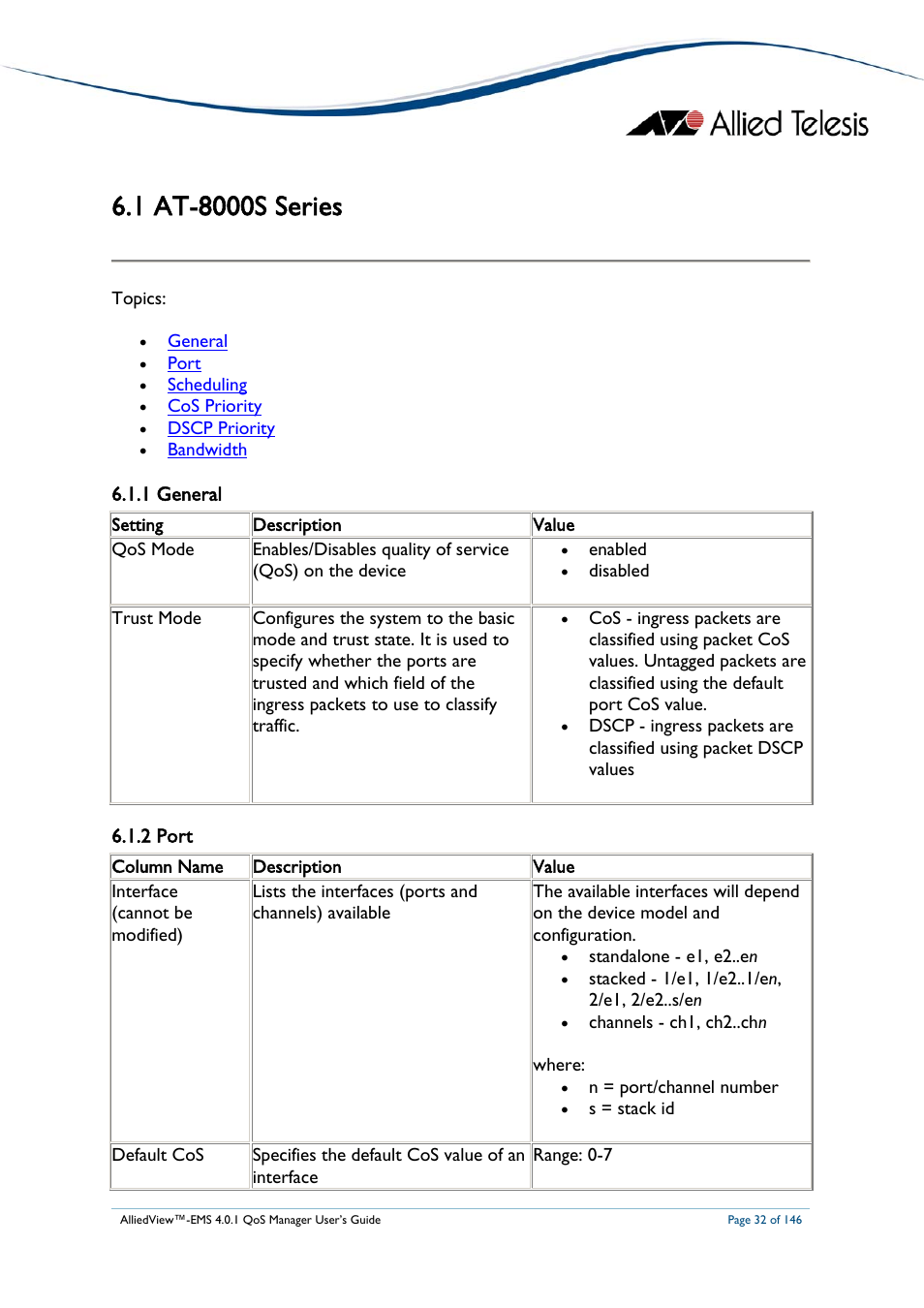 1 at-8000s series, 1 general, 2 port | At-8000s, Eries, 1 general 6.1.2 port, At-8000s series | Allied Telesis AlliedView-EMS 4.0.1 QoS MANAGER User Manual | Page 32 / 146