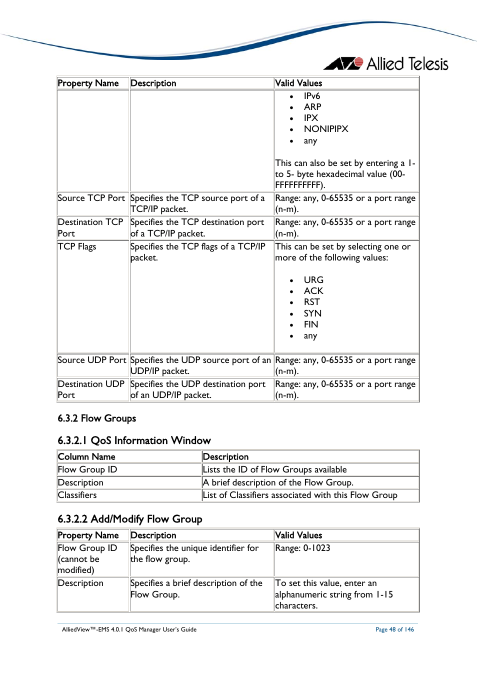 2 flow groups, 1 qos information window, 2 add/modify flow group | Flow groups | Allied Telesis AlliedView-EMS 4.0.1 QoS MANAGER User Manual | Page 48 / 146
