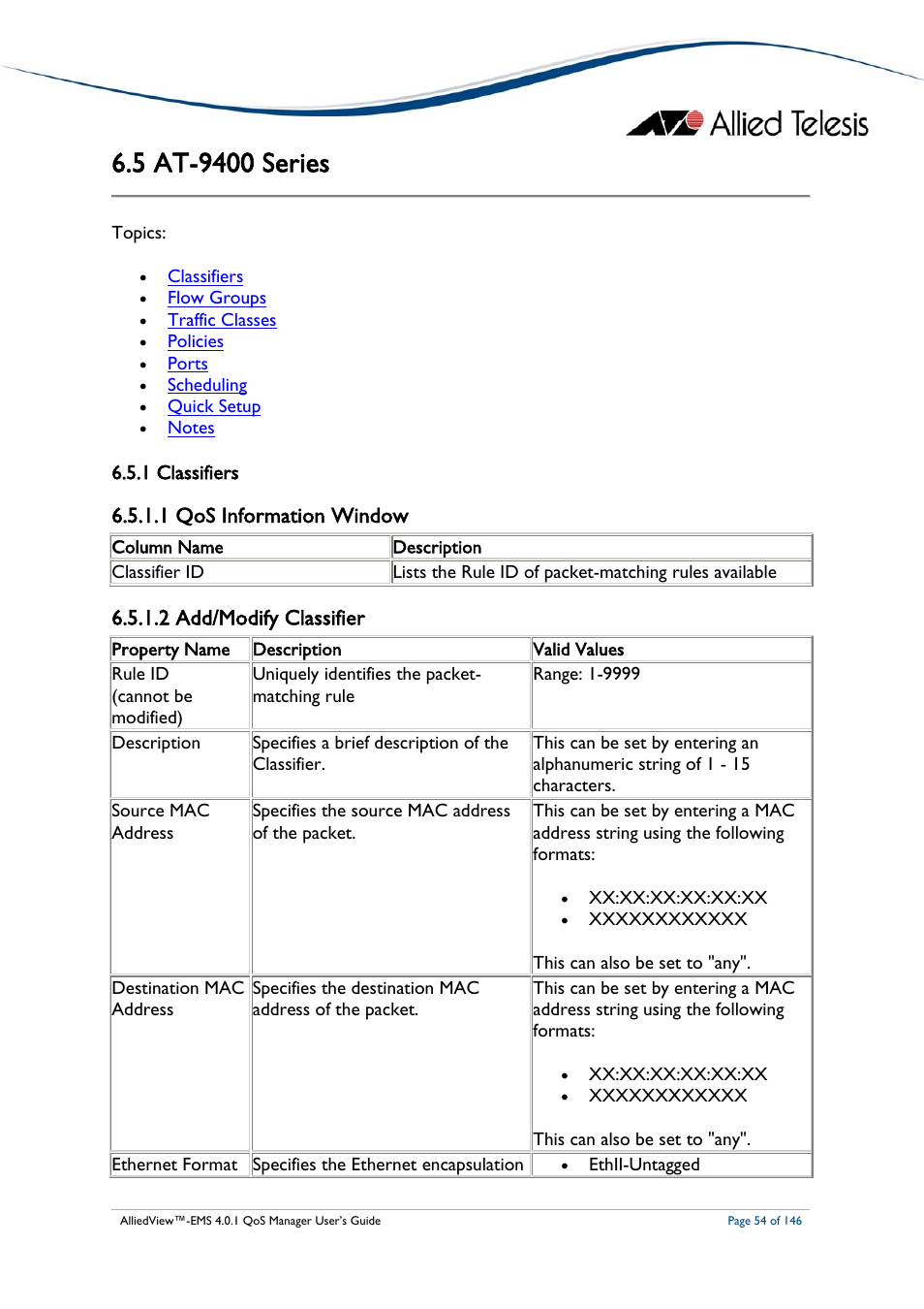 5 at-9400 series, 1 classifiers, 1 qos information window | 2 add/modify classifier, At-9400, Eries, At-9400 series | Allied Telesis AlliedView-EMS 4.0.1 QoS MANAGER User Manual | Page 54 / 146