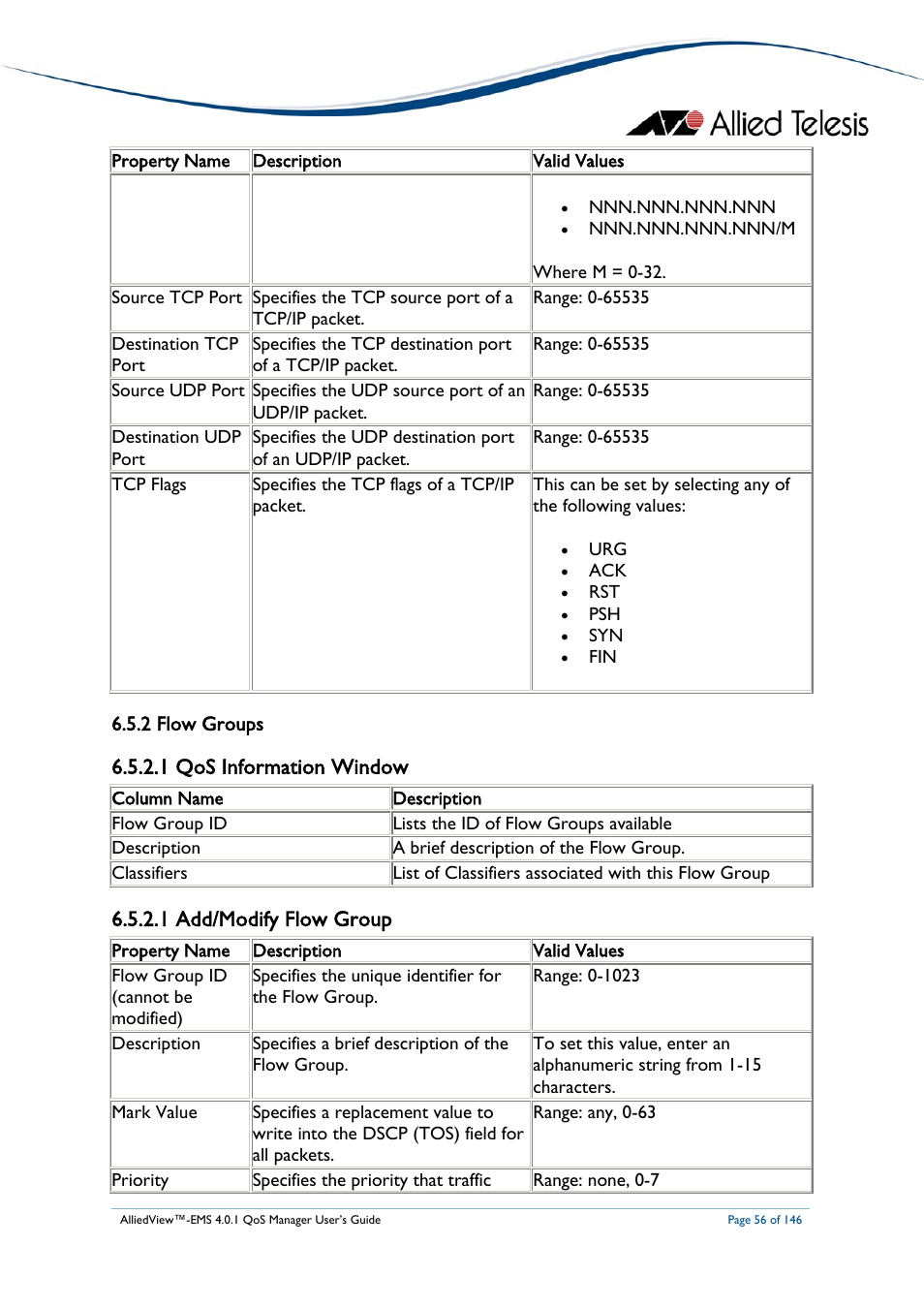 2 flow groups, 1 qos information window, 1 add/modify flow group | Flow groups | Allied Telesis AlliedView-EMS 4.0.1 QoS MANAGER User Manual | Page 56 / 146