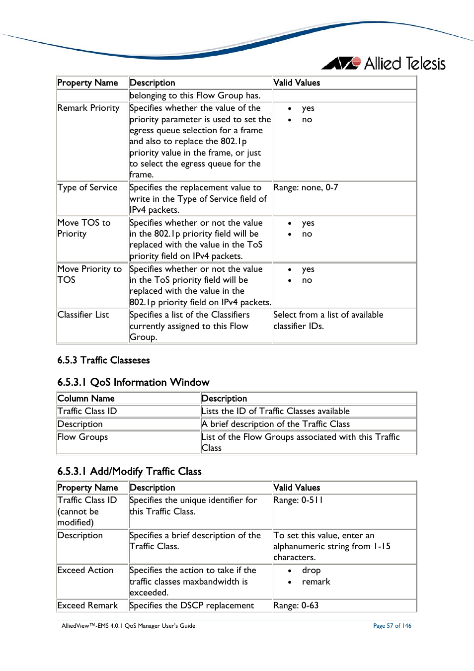 3 traffic classeses, 1 qos information window, 1 add/modify traffic class | Traffic classes | Allied Telesis AlliedView-EMS 4.0.1 QoS MANAGER User Manual | Page 57 / 146