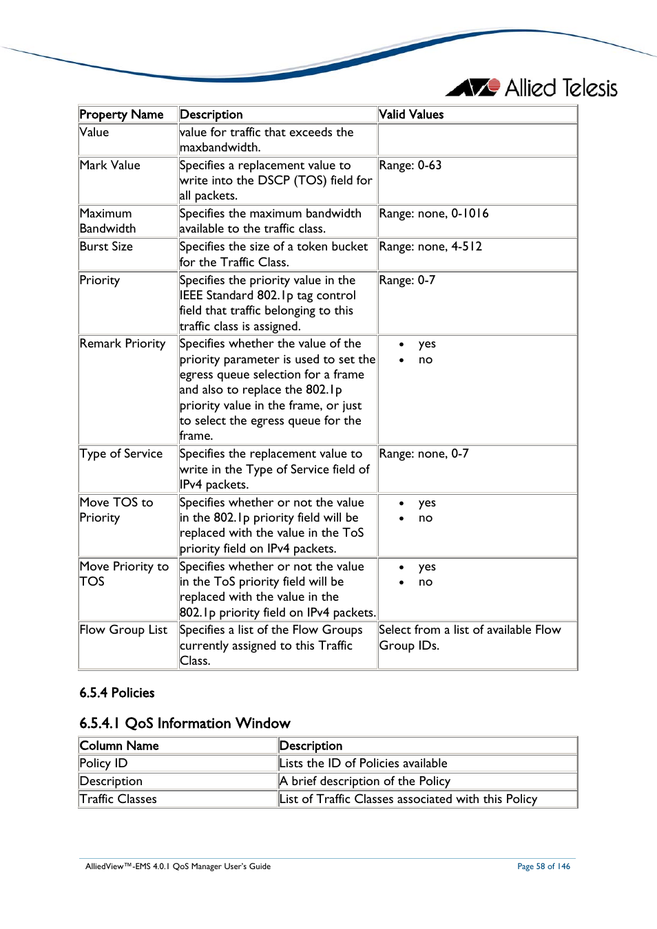 4 policies, 1 qos information window, Policies | Allied Telesis AlliedView-EMS 4.0.1 QoS MANAGER User Manual | Page 58 / 146