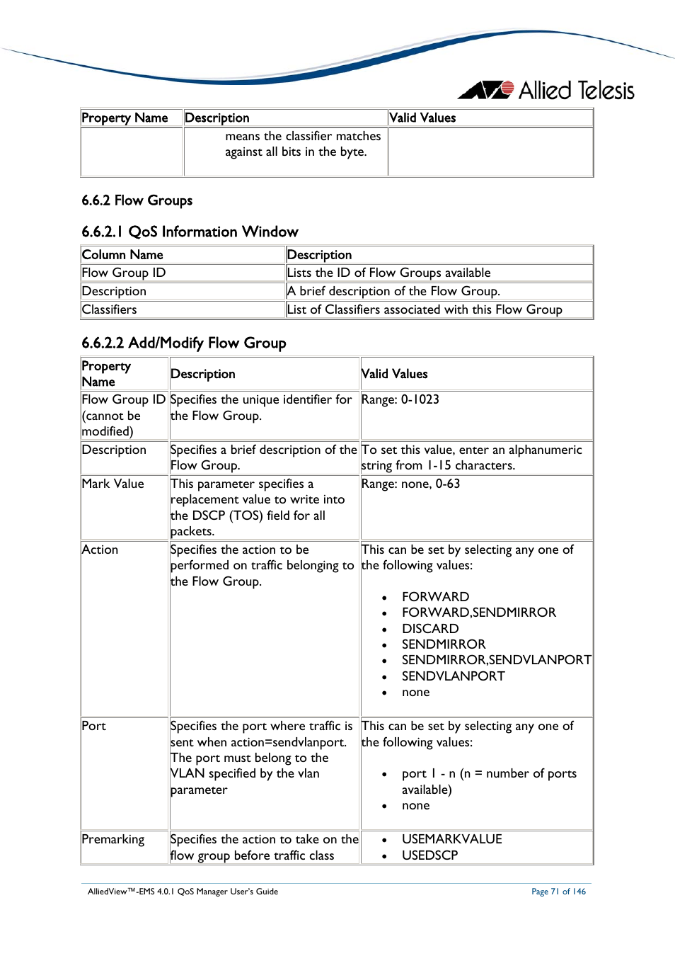 2 flow groups, 1 qos information window, 2 add/modify flow group | Flow groups | Allied Telesis AlliedView-EMS 4.0.1 QoS MANAGER User Manual | Page 71 / 146