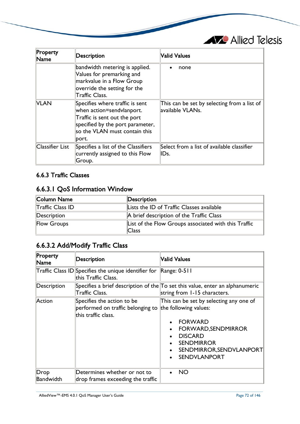 3 traffic classes, 1 qos information window, 2 add/modify traffic class | Traffic classes | Allied Telesis AlliedView-EMS 4.0.1 QoS MANAGER User Manual | Page 72 / 146