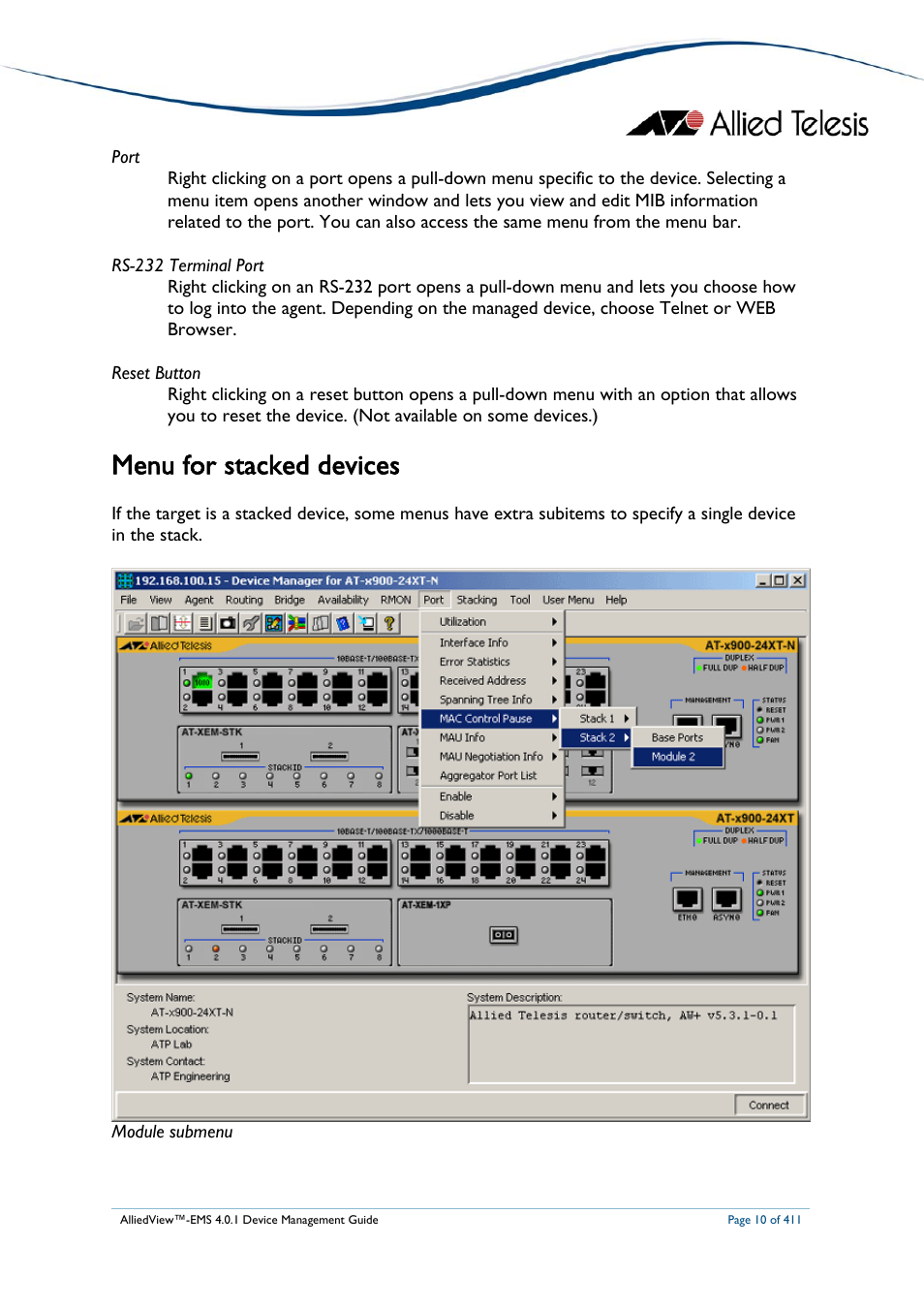 Menu for stacked devices, Enu for stacked devices | Allied Telesis AlliedView-EMS 4.0.1 DEVICE MANAGEMENT User Manual | Page 10 / 411