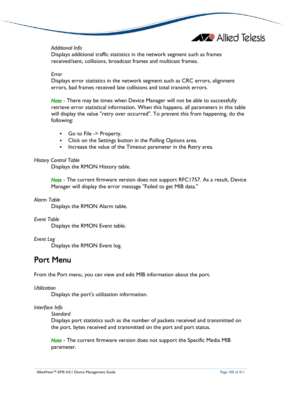 Port menu | Allied Telesis AlliedView-EMS 4.0.1 DEVICE MANAGEMENT User Manual | Page 100 / 411