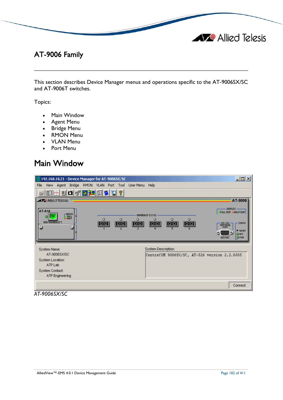 At-9006 family, Main window, At-9006 | Amily | Allied Telesis AlliedView-EMS 4.0.1 DEVICE MANAGEMENT User Manual | Page 102 / 411