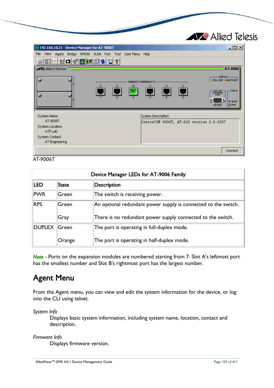 Agent menu | Allied Telesis AlliedView-EMS 4.0.1 DEVICE MANAGEMENT User Manual | Page 103 / 411