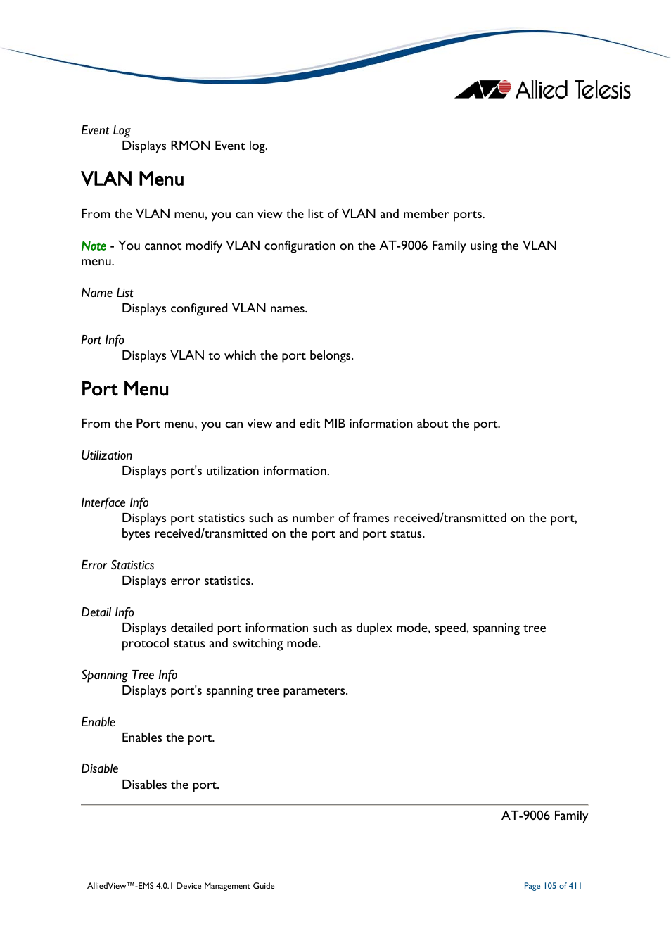 Vlan menu, Port menu, Vlan menu port menu | Allied Telesis AlliedView-EMS 4.0.1 DEVICE MANAGEMENT User Manual | Page 105 / 411