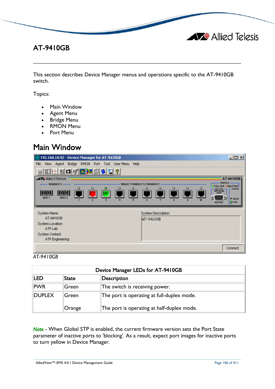 At-9410gb, Main window | Allied Telesis AlliedView-EMS 4.0.1 DEVICE MANAGEMENT User Manual | Page 106 / 411