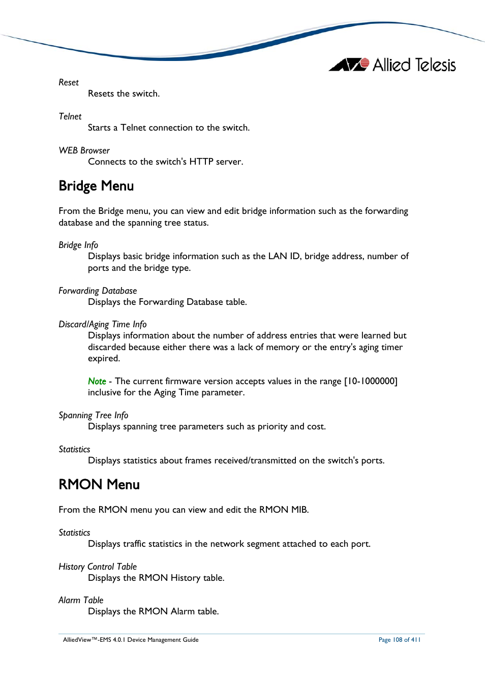 Bridge menu, Rmon menu | Allied Telesis AlliedView-EMS 4.0.1 DEVICE MANAGEMENT User Manual | Page 108 / 411