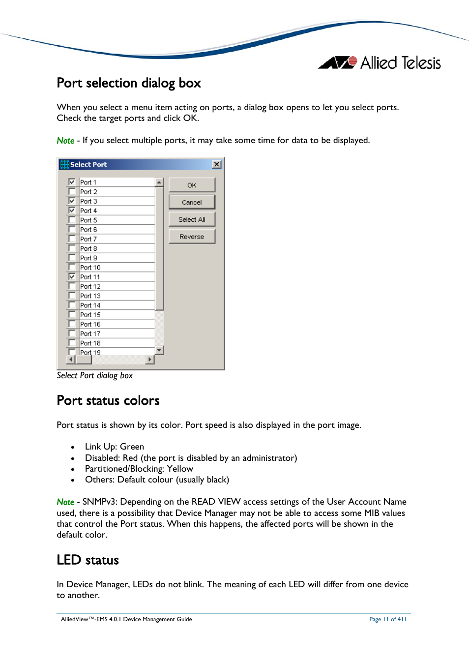 Port selection dialog box, Port status colors, Led status | Ort selection dialog box, Ort status colors, Status | Allied Telesis AlliedView-EMS 4.0.1 DEVICE MANAGEMENT User Manual | Page 11 / 411