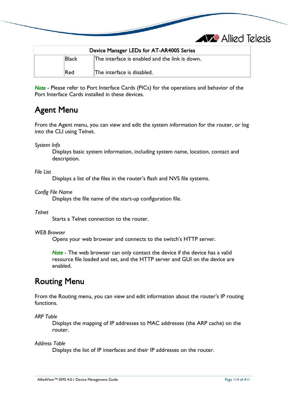 Agent menu, Routing menu | Allied Telesis AlliedView-EMS 4.0.1 DEVICE MANAGEMENT User Manual | Page 114 / 411