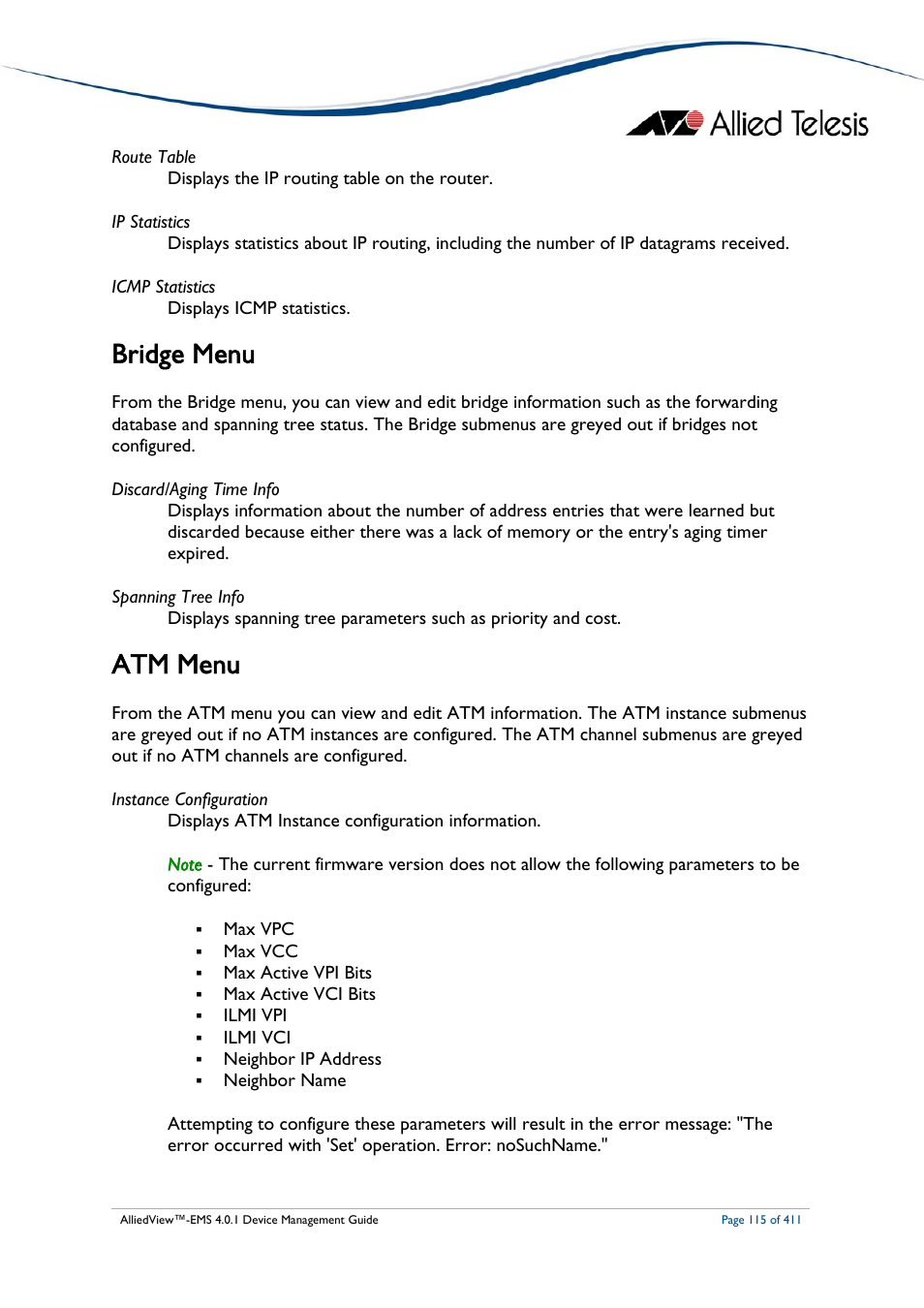 Bridge menu, Atm menu | Allied Telesis AlliedView-EMS 4.0.1 DEVICE MANAGEMENT User Manual | Page 115 / 411