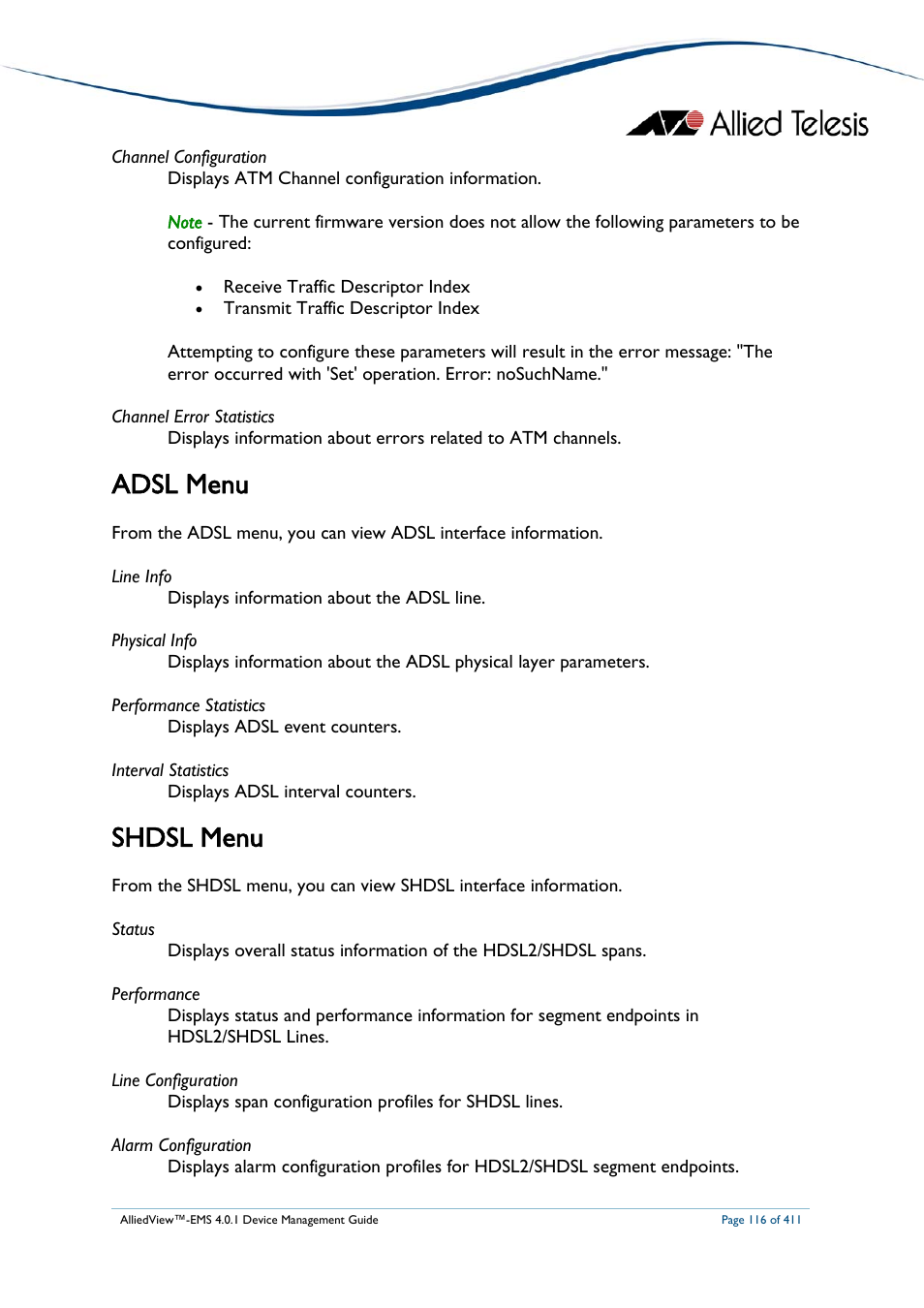 Adsl menu, Shdsl menu, Adsl menu shdsl menu | Allied Telesis AlliedView-EMS 4.0.1 DEVICE MANAGEMENT User Manual | Page 116 / 411