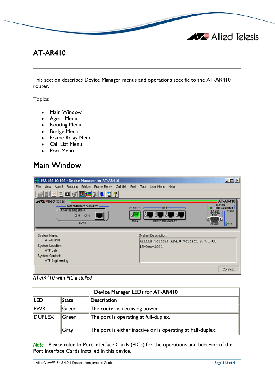 At-ar410, Main window | Allied Telesis AlliedView-EMS 4.0.1 DEVICE MANAGEMENT User Manual | Page 118 / 411