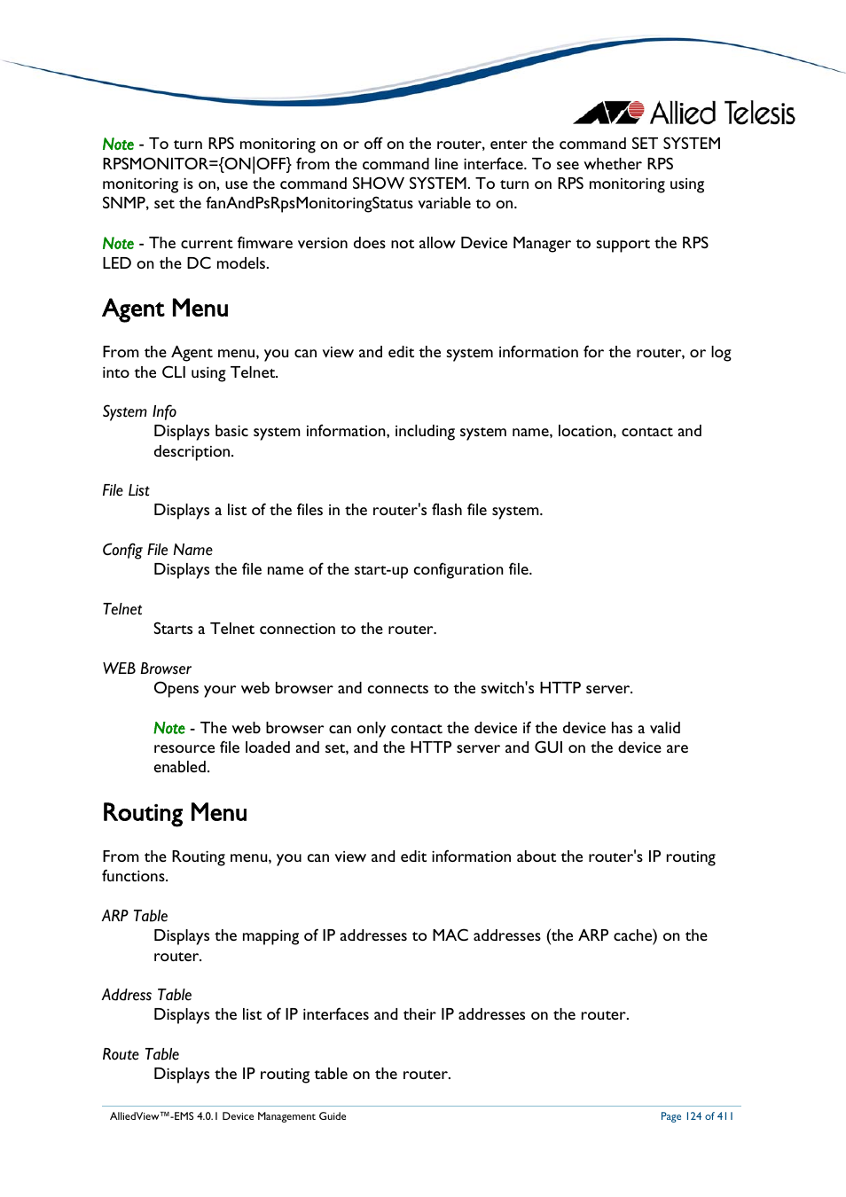 Agent menu, Routing menu | Allied Telesis AlliedView-EMS 4.0.1 DEVICE MANAGEMENT User Manual | Page 124 / 411
