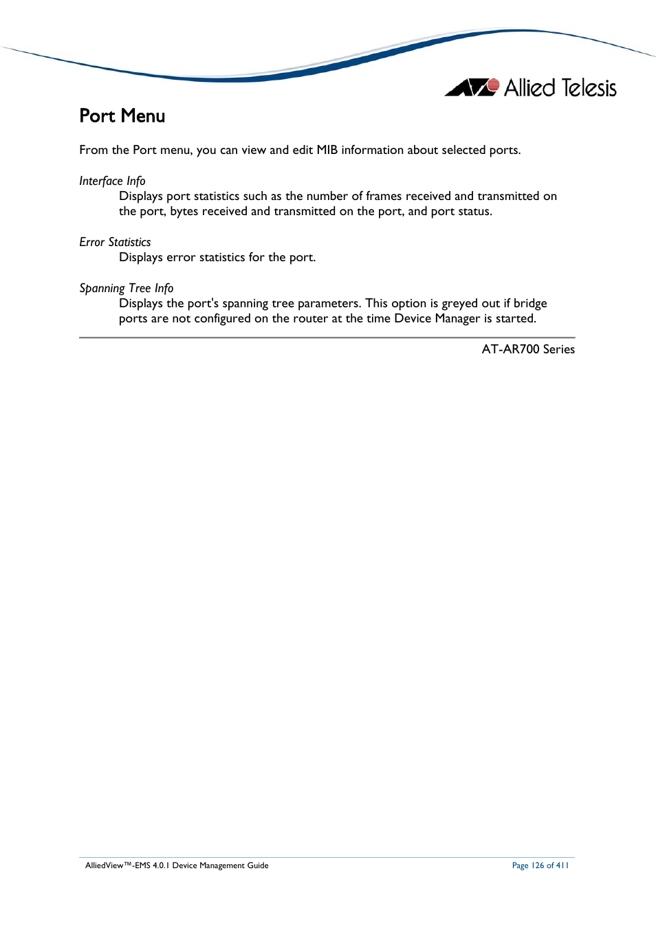 Port menu | Allied Telesis AlliedView-EMS 4.0.1 DEVICE MANAGEMENT User Manual | Page 126 / 411