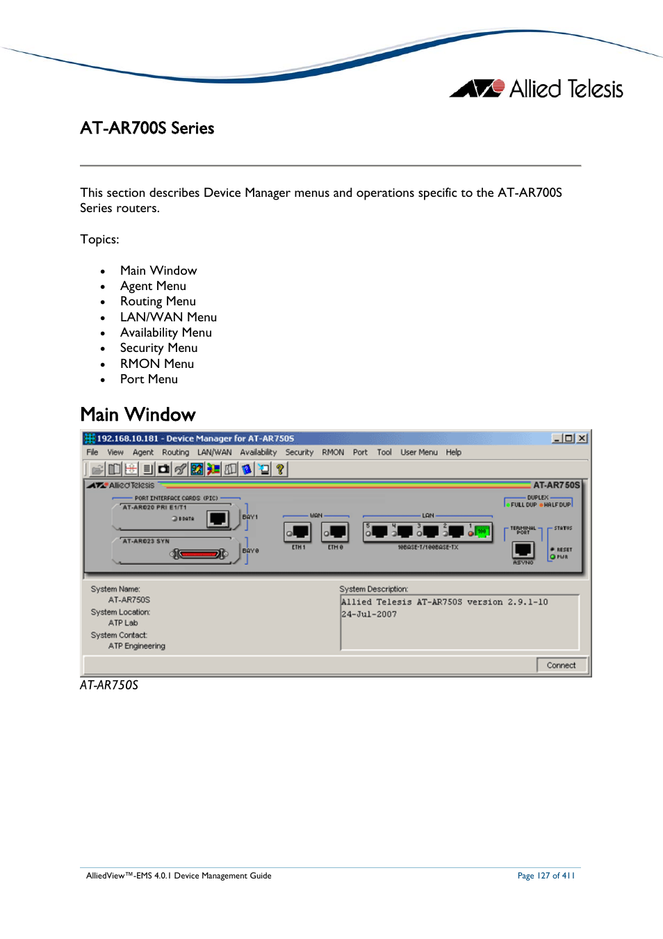 At-ar700s series, Main window, At-ar700s | Eries | Allied Telesis AlliedView-EMS 4.0.1 DEVICE MANAGEMENT User Manual | Page 127 / 411