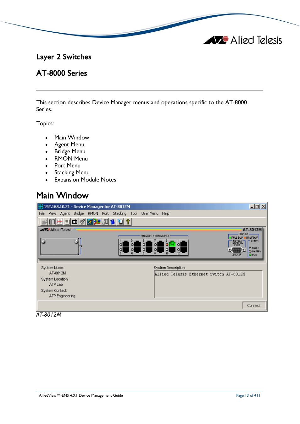 Layer 2 switches, At-8000 series, Main window | At-8000, Eries | Allied Telesis AlliedView-EMS 4.0.1 DEVICE MANAGEMENT User Manual | Page 13 / 411