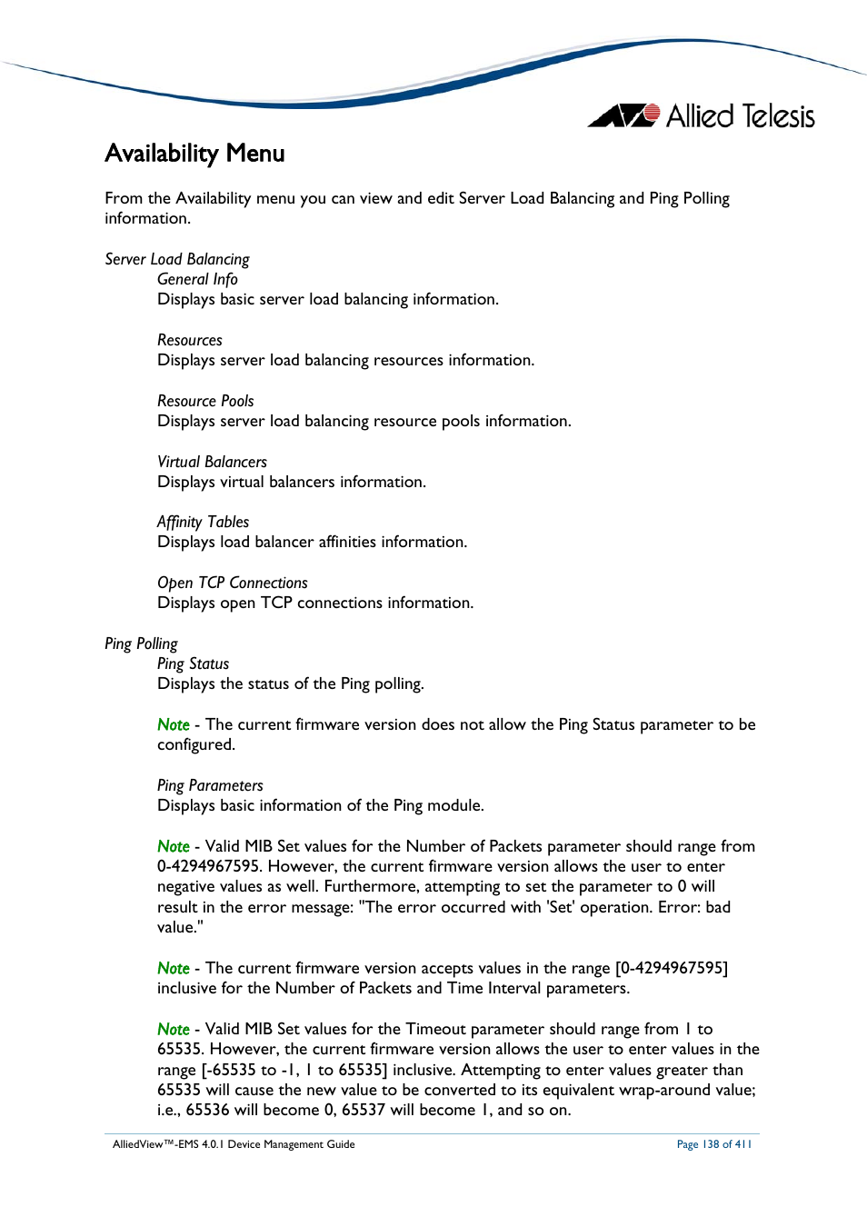 Availability menu | Allied Telesis AlliedView-EMS 4.0.1 DEVICE MANAGEMENT User Manual | Page 138 / 411