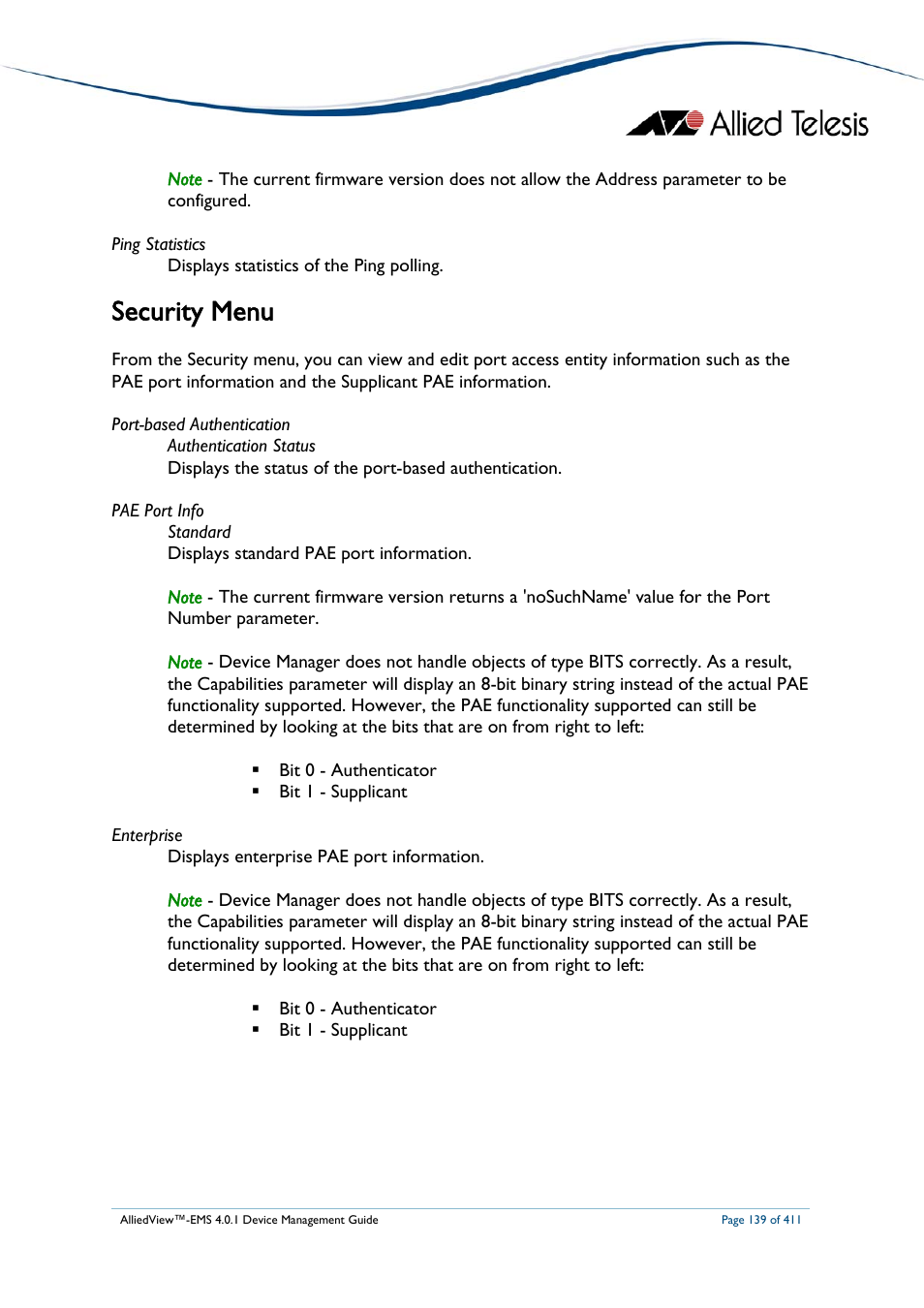 Security menu | Allied Telesis AlliedView-EMS 4.0.1 DEVICE MANAGEMENT User Manual | Page 139 / 411