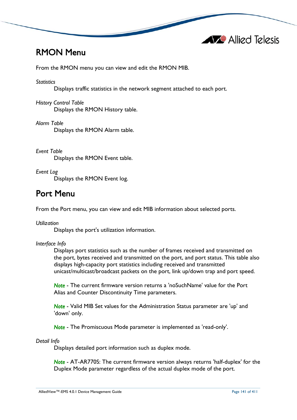 Rmon menu, Port menu, Rmon menu port menu | Allied Telesis AlliedView-EMS 4.0.1 DEVICE MANAGEMENT User Manual | Page 141 / 411