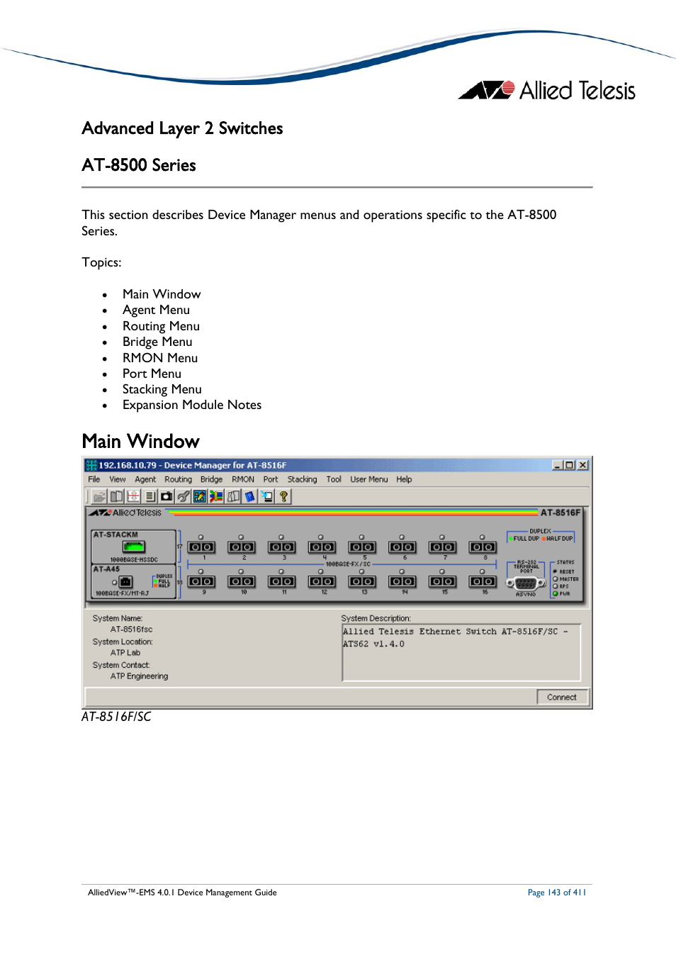 Advanced layer 2 switches, Main window, At-8500 | Eries | Allied Telesis AlliedView-EMS 4.0.1 DEVICE MANAGEMENT User Manual | Page 143 / 411