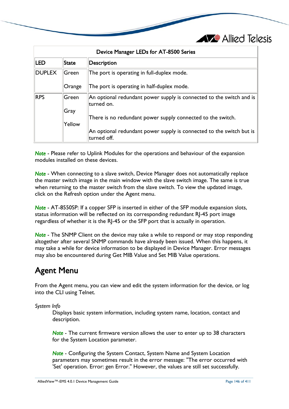 Agent menu | Allied Telesis AlliedView-EMS 4.0.1 DEVICE MANAGEMENT User Manual | Page 146 / 411