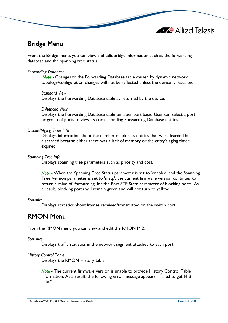 Bridge menu, Rmon menu, Bridge menu rmon menu | Allied Telesis AlliedView-EMS 4.0.1 DEVICE MANAGEMENT User Manual | Page 149 / 411