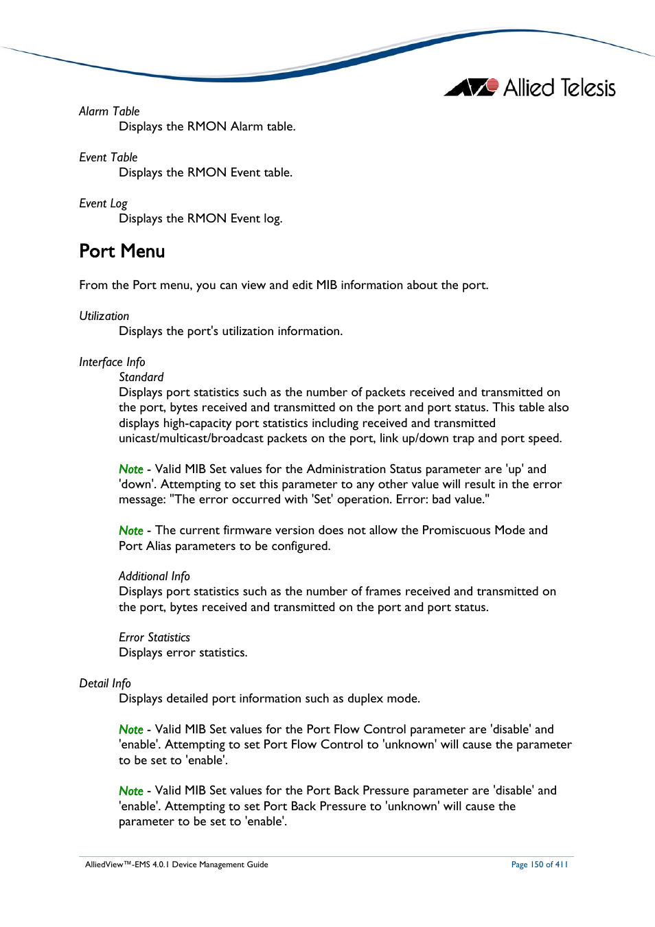 Port menu | Allied Telesis AlliedView-EMS 4.0.1 DEVICE MANAGEMENT User Manual | Page 150 / 411