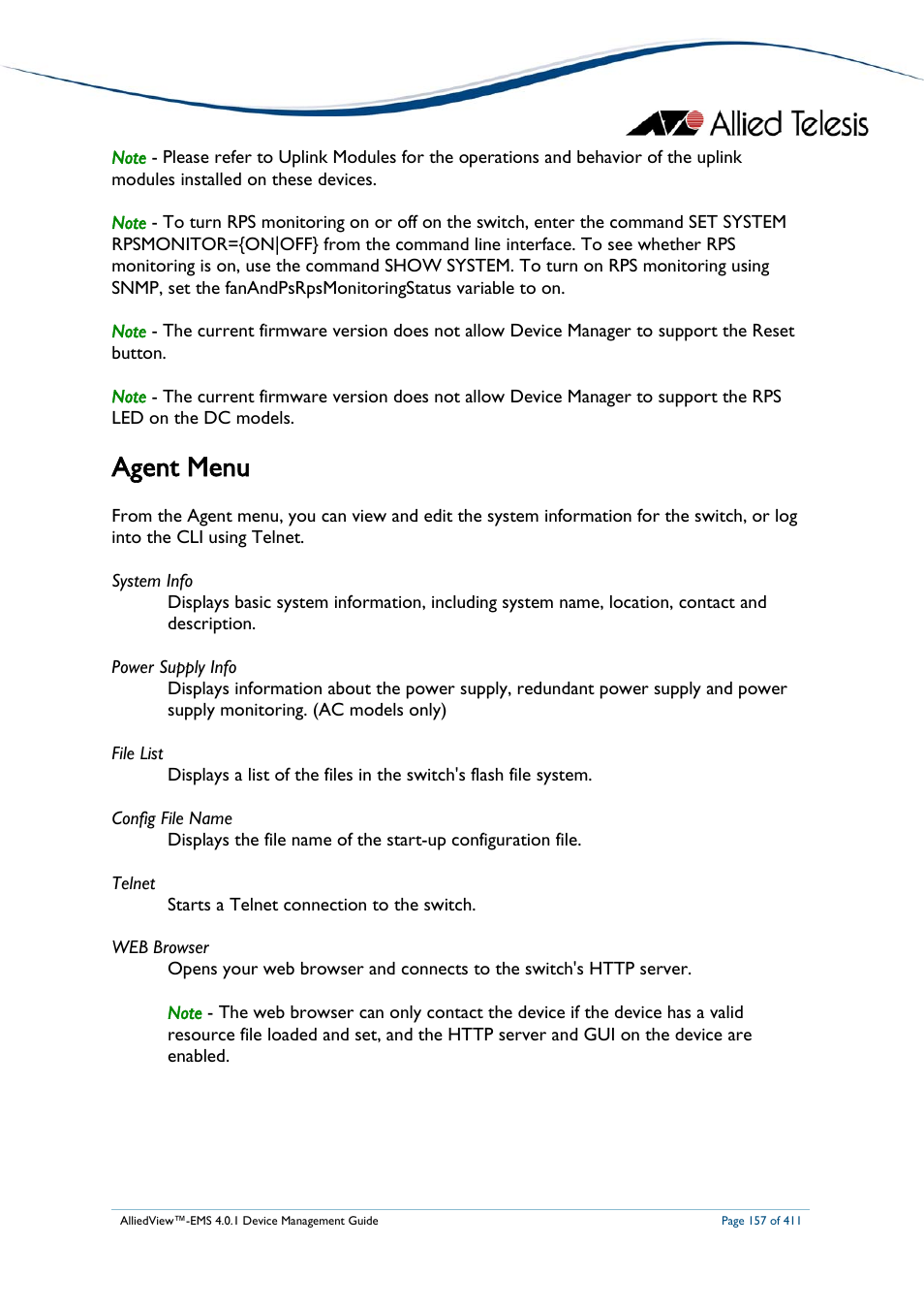 Agent menu | Allied Telesis AlliedView-EMS 4.0.1 DEVICE MANAGEMENT User Manual | Page 157 / 411