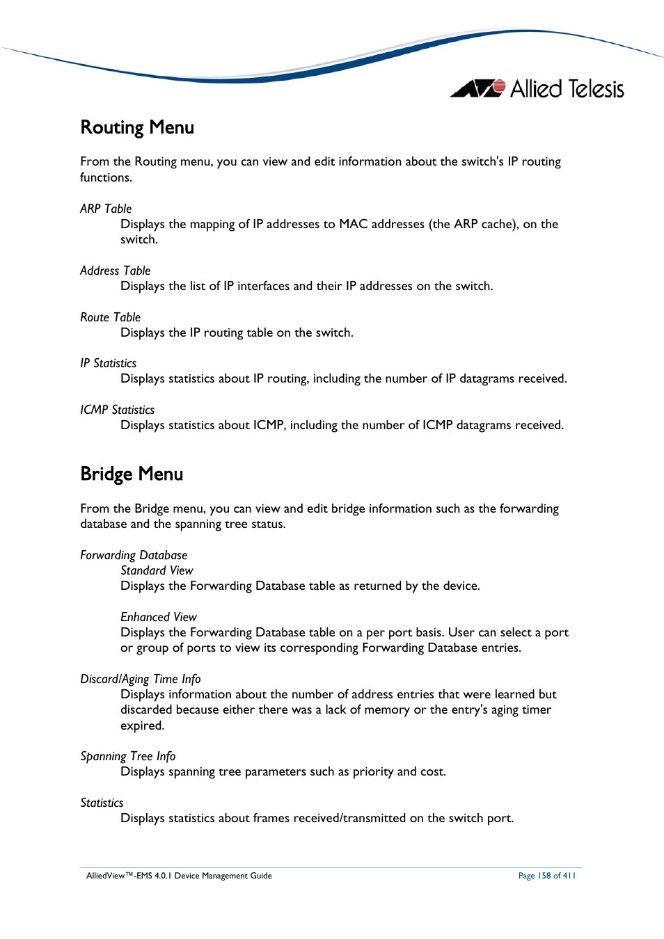 Routing menu, Bridge menu, Routing menu bridge menu | Allied Telesis AlliedView-EMS 4.0.1 DEVICE MANAGEMENT User Manual | Page 158 / 411