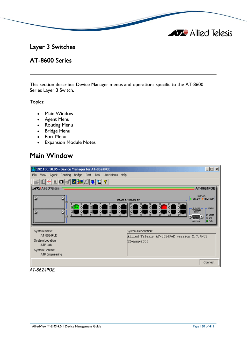 Layer 3 switches, At-8600 series, Main window | At-8600, Eries | Allied Telesis AlliedView-EMS 4.0.1 DEVICE MANAGEMENT User Manual | Page 160 / 411