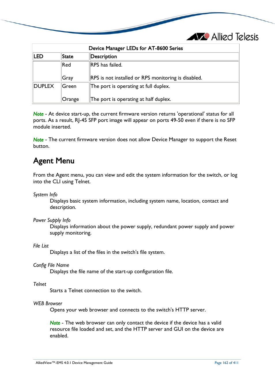 Agent menu | Allied Telesis AlliedView-EMS 4.0.1 DEVICE MANAGEMENT User Manual | Page 162 / 411