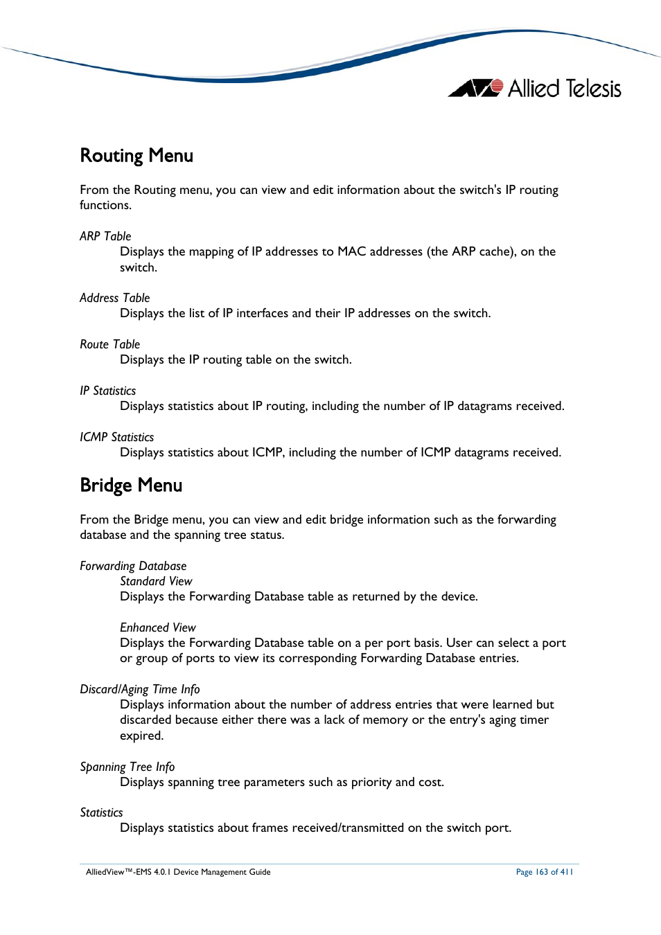 Routing menu, Bridge menu, Routing menu bridge menu | Allied Telesis AlliedView-EMS 4.0.1 DEVICE MANAGEMENT User Manual | Page 163 / 411