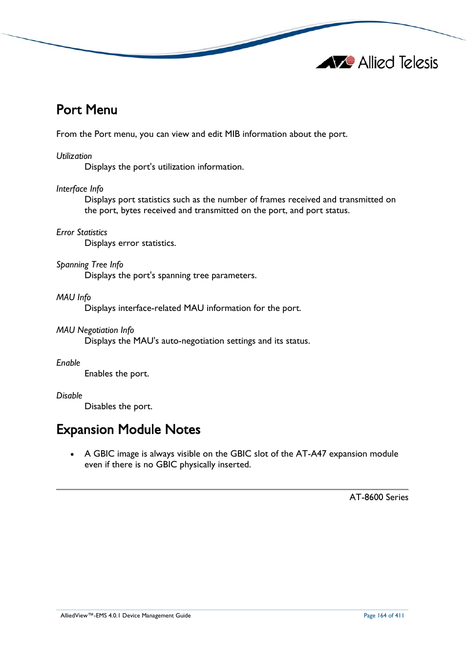 Port menu, Expansion module notes | Allied Telesis AlliedView-EMS 4.0.1 DEVICE MANAGEMENT User Manual | Page 164 / 411