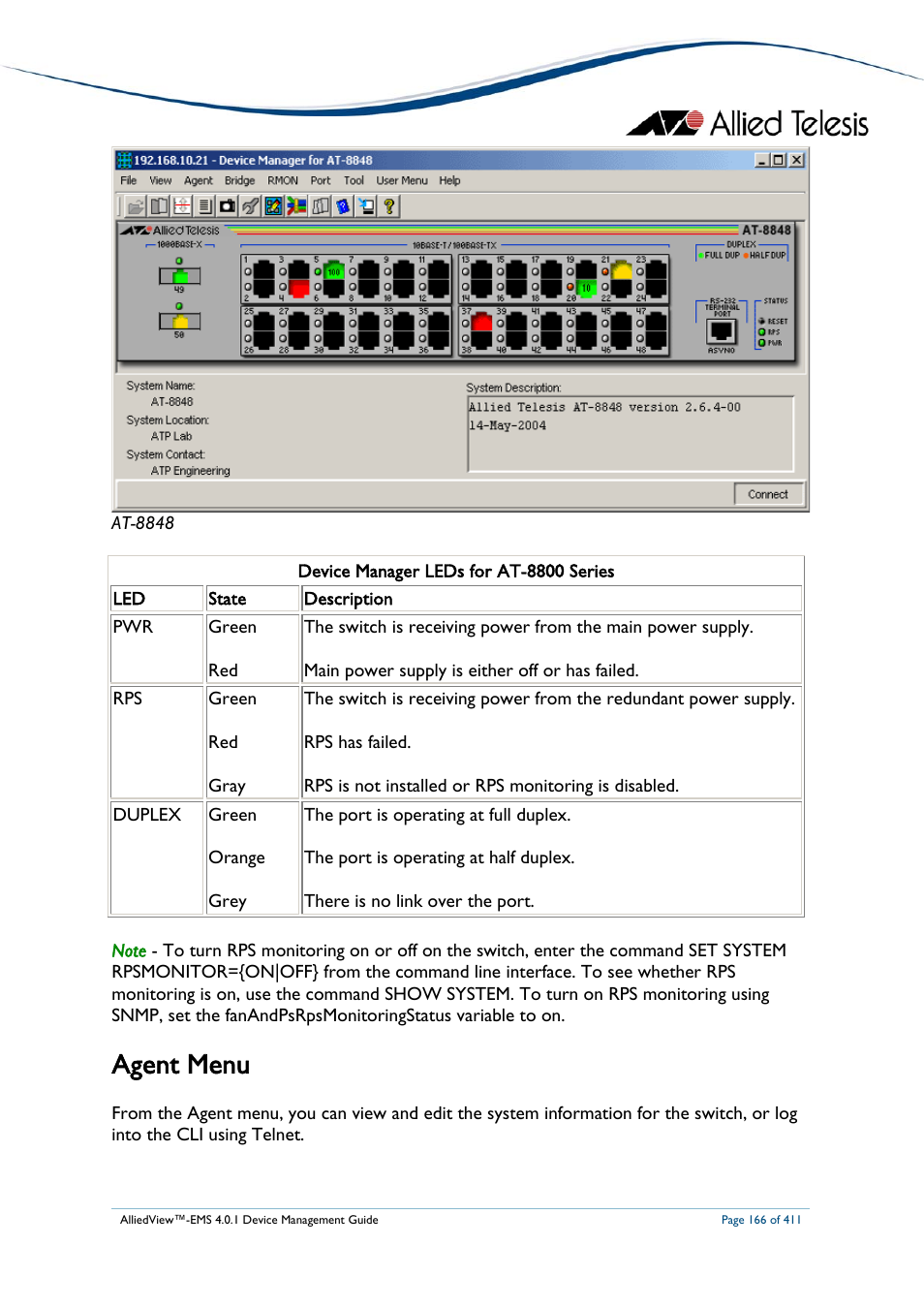 Agent menu | Allied Telesis AlliedView-EMS 4.0.1 DEVICE MANAGEMENT User Manual | Page 166 / 411