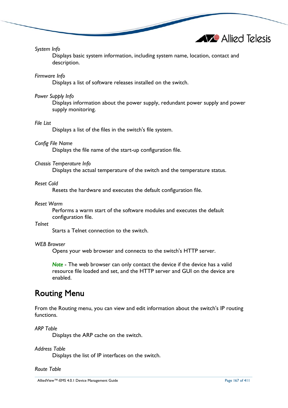 Routing menu | Allied Telesis AlliedView-EMS 4.0.1 DEVICE MANAGEMENT User Manual | Page 167 / 411