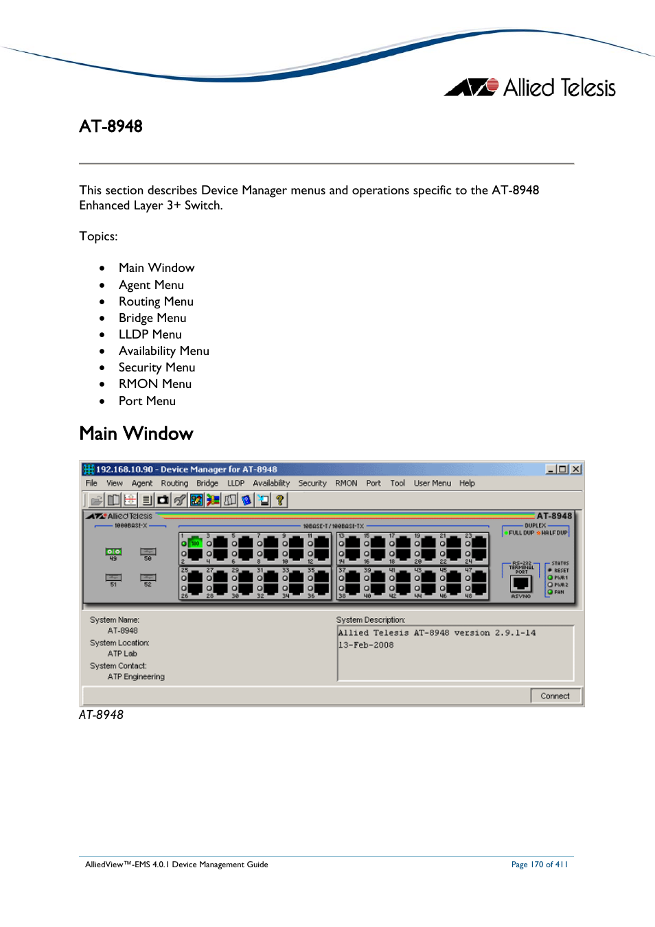 At-8948, Main window | Allied Telesis AlliedView-EMS 4.0.1 DEVICE MANAGEMENT User Manual | Page 170 / 411