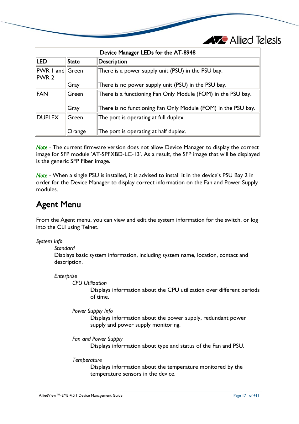 Agent menu | Allied Telesis AlliedView-EMS 4.0.1 DEVICE MANAGEMENT User Manual | Page 171 / 411