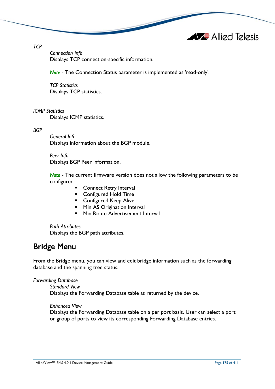 Bridge menu | Allied Telesis AlliedView-EMS 4.0.1 DEVICE MANAGEMENT User Manual | Page 175 / 411