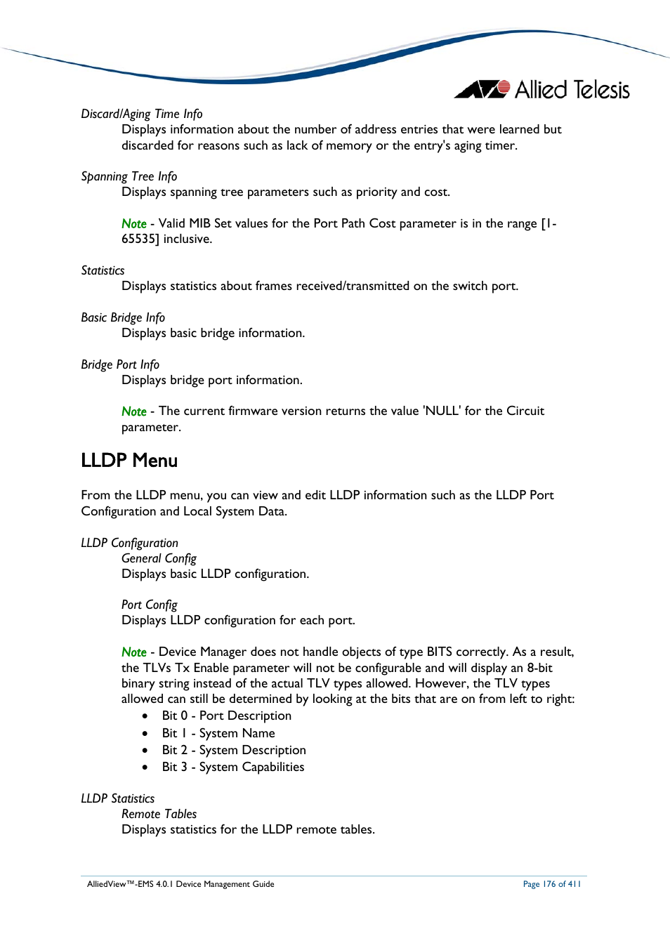 Lldp menu | Allied Telesis AlliedView-EMS 4.0.1 DEVICE MANAGEMENT User Manual | Page 176 / 411