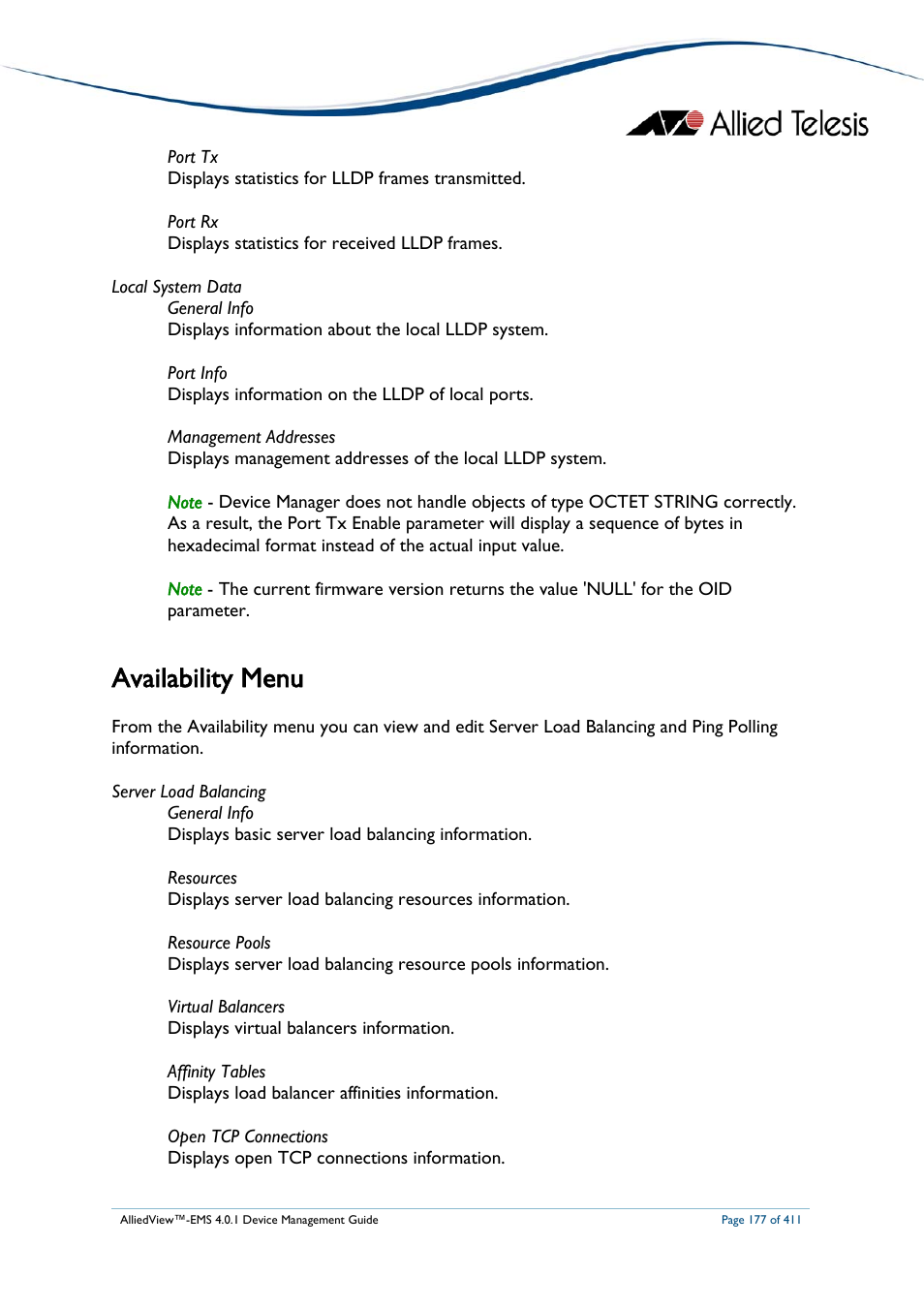 Availability menu | Allied Telesis AlliedView-EMS 4.0.1 DEVICE MANAGEMENT User Manual | Page 177 / 411