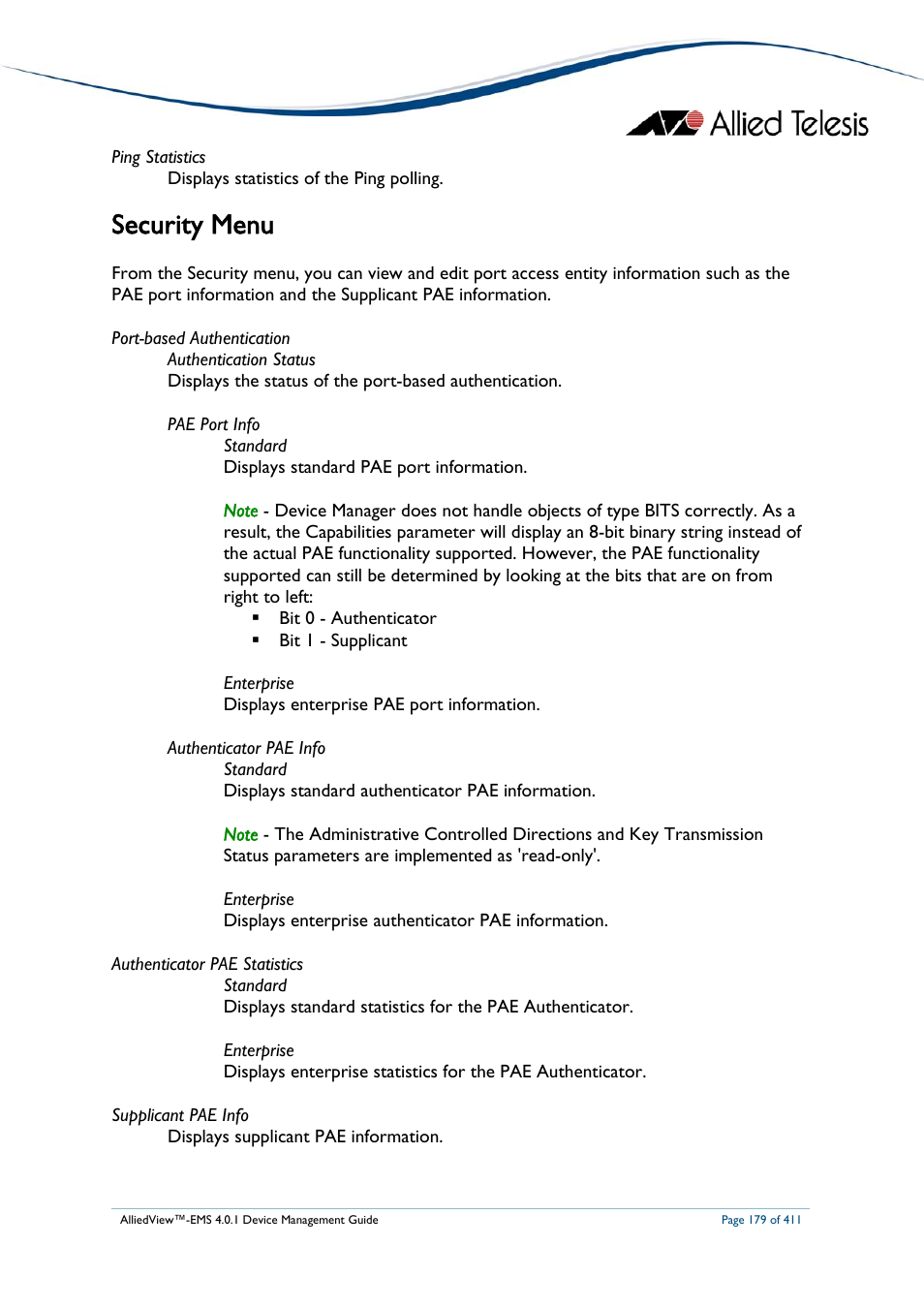 Security menu | Allied Telesis AlliedView-EMS 4.0.1 DEVICE MANAGEMENT User Manual | Page 179 / 411